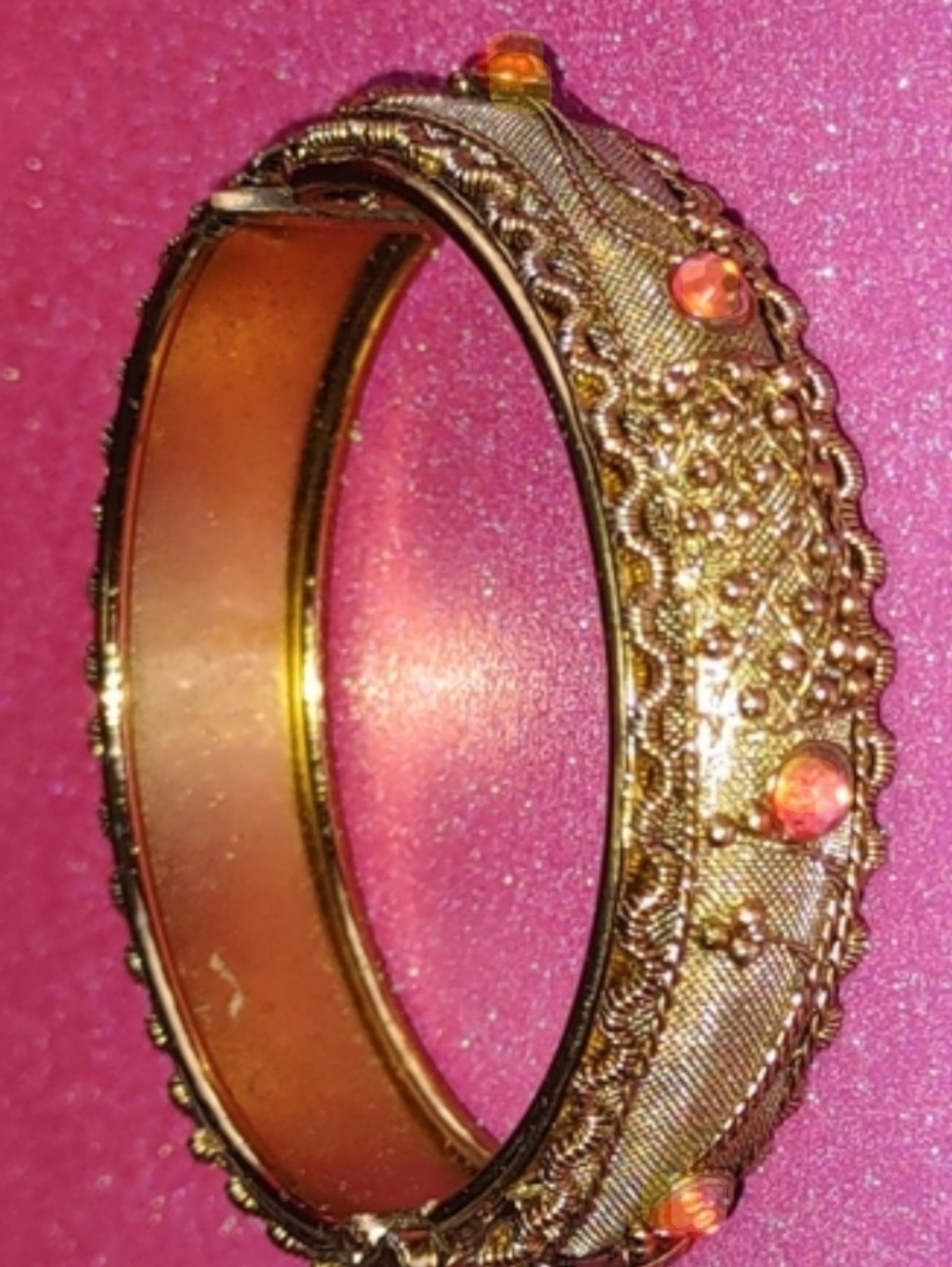 Old Fashioned Antique Gold & Orange Rhinestone Cuff Bangle
